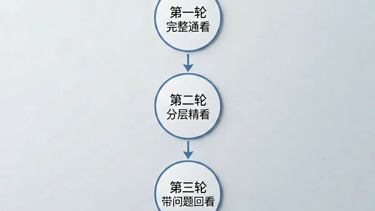 S调M的26种调法视频 - 学习路径三阶段示意图，展示从通看视频到分层精学再到带问题回看的系统化学习流程